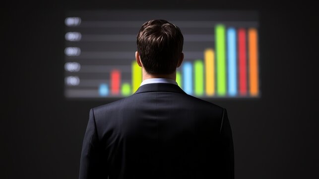 Young caucasian male analyzing colorful bar graph in dark room