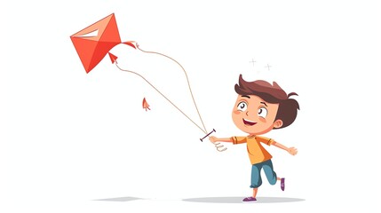 A cartoon boy flies a kite.