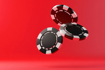 Three poker chips on a red background.