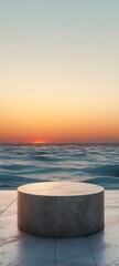 Fototapeta premium A podium made of smooth, polished stone, placed in front of an empty, peaceful beach at sunset, with soft waves in the distance
