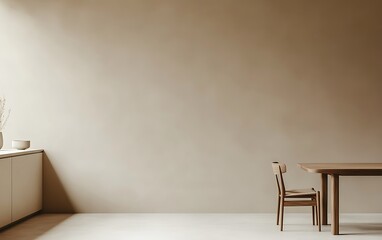 A minimalist Scandinavian dining space with a neutral-colored wall, dining table, and a chair next to the kitchen