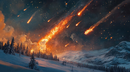 Fototapeta premium Fire Rain Over a Frozen Mountain