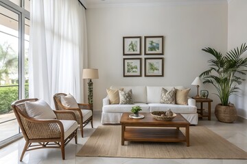 Fototapeta premium bright living room design, white sofa in farmhouse boho interior style