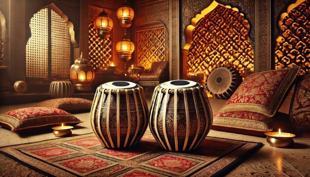 A pair of artistically designed tabla drums set on a luxurious surface with intricate gold and red patterns, in a traditional Indian-style room.