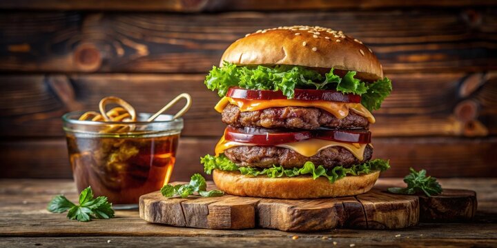 Juicy Double Cheeseburger with Melted Cheese and Fresh Lettuce on Rustic Wooden Board
