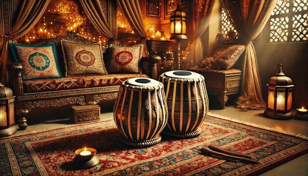 A luxurious indoor setting with tabla drums placed on a richly textured rug.
