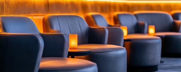 Fototapeta premium Cozy lounge with modern leather chairs and warm ambient lighting