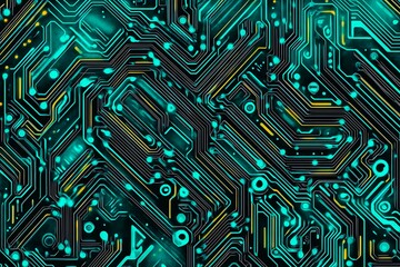 Abstract close-up of a glowing blue digital circuit board, showcasing intricate connections and technological design on a black background.
