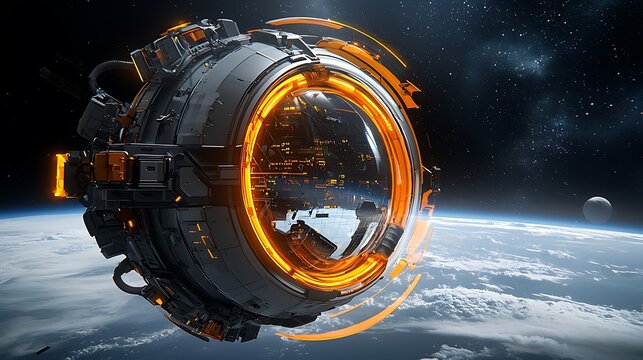 Futuristic spaceship orbiting Earth, space exploration