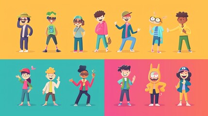 A set of cartoon kids with different styles and personalities.