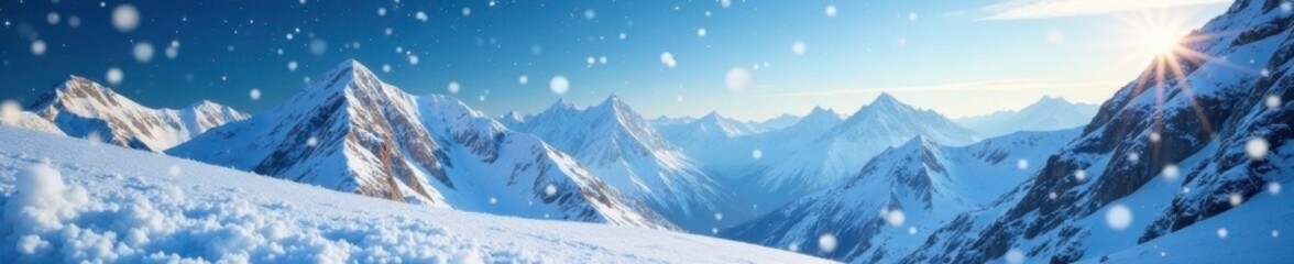 Sparkling snowflakes falling on a snowy mountain landscape, sparkly, falling, mountain