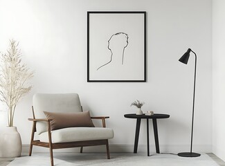 A minimalist Scandinavian living room with a white wall backdrop, featuring a dark wooden side table, a comfortable armchair, and a modern floor lamp