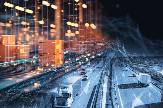 Fondo de dise&ntilde;o abstracto. Camiones y seguimiento de transporte. Carretera y entrega. Transporte aut&oacute;nomo. Autom&oacute;viles sin conductor. Asistencia de IA y sistema de seguridad vial.