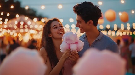 First Love. A joyful couple shares a sweet moment at a colorful fair, surrounded by fairy lights and cotton candy under a twilight sky.