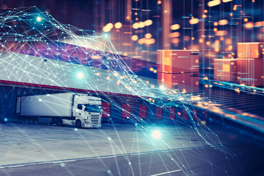 Fondo de dise&ntilde;o abstracto. Camiones y seguimiento de transporte. Carretera y entrega. Transporte aut&oacute;nomo. Autom&oacute;viles sin conductor. Asistencia de IA y sistema de seguridad vial.