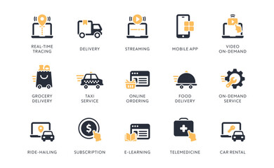 Explore a collection of ondemand icons covering services like streaming, food delivery, online ordering, telemedicine, and more to enhance your digital projects