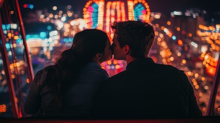 First Love. A couple sharing a romantic kiss on a Ferris wheel, illuminated by vibrant city lights at night.