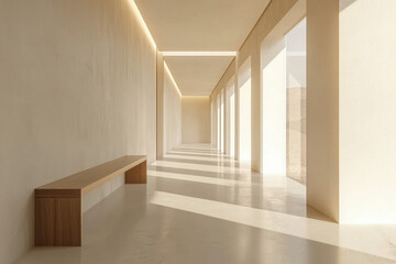 Bright modern corridor with minimalist design and geometric light patterns