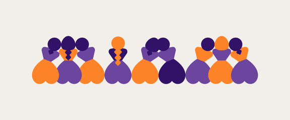 women sit side by side and take care of each other. Back view of female silhouettes for women's day. Sisterhood and community for girls. Vector horizontal abstract illustration