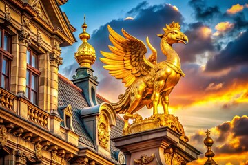 Obraz premium Golden Goose Statue Architectural Detail, Luxurious Building Facade, Elegant Bird Sculpture