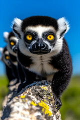 Fototapeta premium Lemurs with striking yellow eyes perched on a rocky surface against a blue sky backdrop.