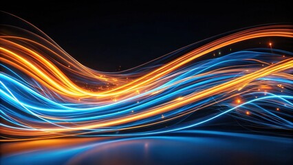 Abstract flowing light streaks, dynamic energy waves, vibrant blue and orange hues