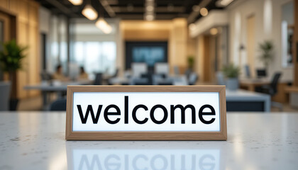 A 'welcome' sign on a desk symbolizes a friendly onboarding process in a modern office, 8k