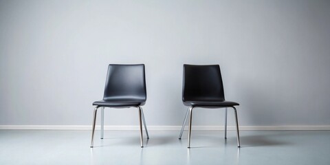 Obraz premium Two black vinyl chairs with metallic legs sit on a light gray floor against a light gray wall.