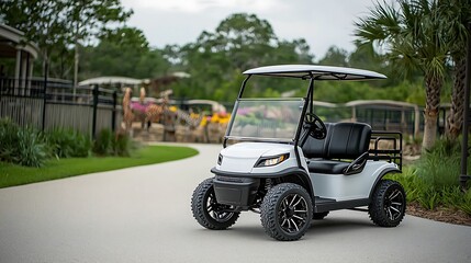 A sleek white golf cart driving along a zoo pathway, colorful animal enclosures visible in the blur background, soft midday lighting highlighting the clean design, lively and family-friendly mood