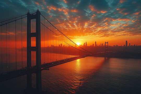 Sunset view over a city skyline with a bridge silhouette and vibrant cloud colors,golden gate bridge