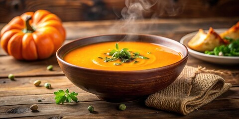 Warm autumnal pumpkin soup in rustic bowl with garnish