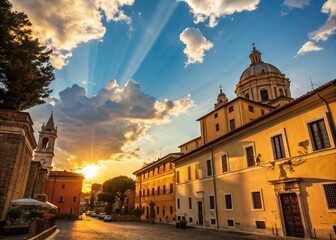 Fototapeta premium Golden Hour Sunset Sky: Architectural Photography Backlit Cloudscape