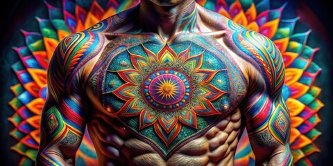 Vibrant Mandala Body Art A Colorful and Intricate Design on Muscular Torso