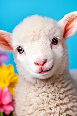 A cute lamb with fluffy wool, smiling against a vibrant blue background, surrounded by colorful flowers.
