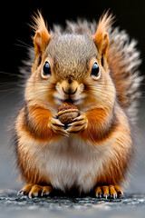 Fototapeta premium A cute squirrel holding an acorn, showcasing detailed fur and expressive eyes against a blurred background.