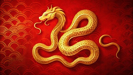 Fototapeta premium Golden Snake Chinese New Year Ink Painting - Low Light Red Background Stock Photo