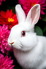 Obraz premium White rabbit surrounded by vibrant pink flowers, showcasing a serene and lively atmosphere.