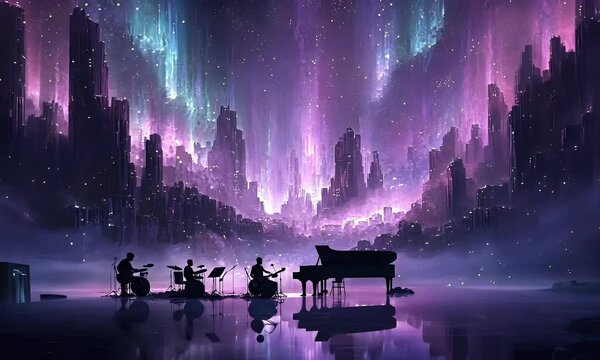 Night city music performance under aurora. Album art, fantasy