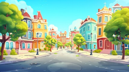 Fototapeta premium A cartoon street lined with colorful houses.