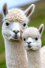 Two adorable llamas, one adult and one young, with fluffy white fur and gentle expressions, set against a soft, natural background.