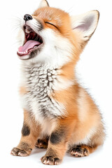 A cute, fluffy fox cub yawning with its mouth open, showcasing its playful and curious personality against a white background.
