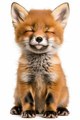 A cute, smiling fox cub with fluffy orange fur, sitting against a white background, exuding joy and playfulness.