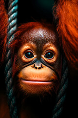 A close-up of a young orangutan with expressive eyes, framed by its fluffy reddish-brown fur and hanging from a rope, evoking a sense of curiosity and playfulness.