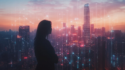 Abstract business woman stands on Smart digital Innovation city with connection network reciprocity over the twilight cityscape. of future wireless digital city and social media networking systems
