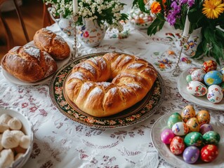 Family gathering around a beautifully decorated Easter table with Orthodox Easter bread and painted eggs