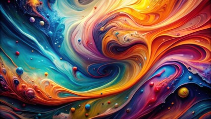 Abstract swirling vibrant paint nebula with colorful spheres