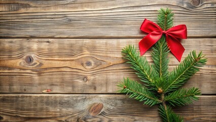 Fototapeta premium Rustic Winter Holiday Scene with Evergreen Branch and Red Bow on Wooden Background