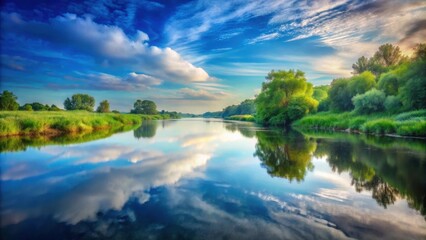 Obraz premium Serene River Reflecting a Vivid Summer Sky and Lush Green Banks