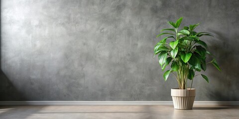A lush green plant in a textured pot against a gray wall in a minimalist room interior