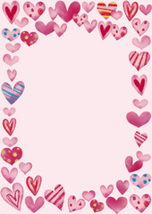 水彩風　ピンクな手描きハートフレーム　背景ピンク　縦